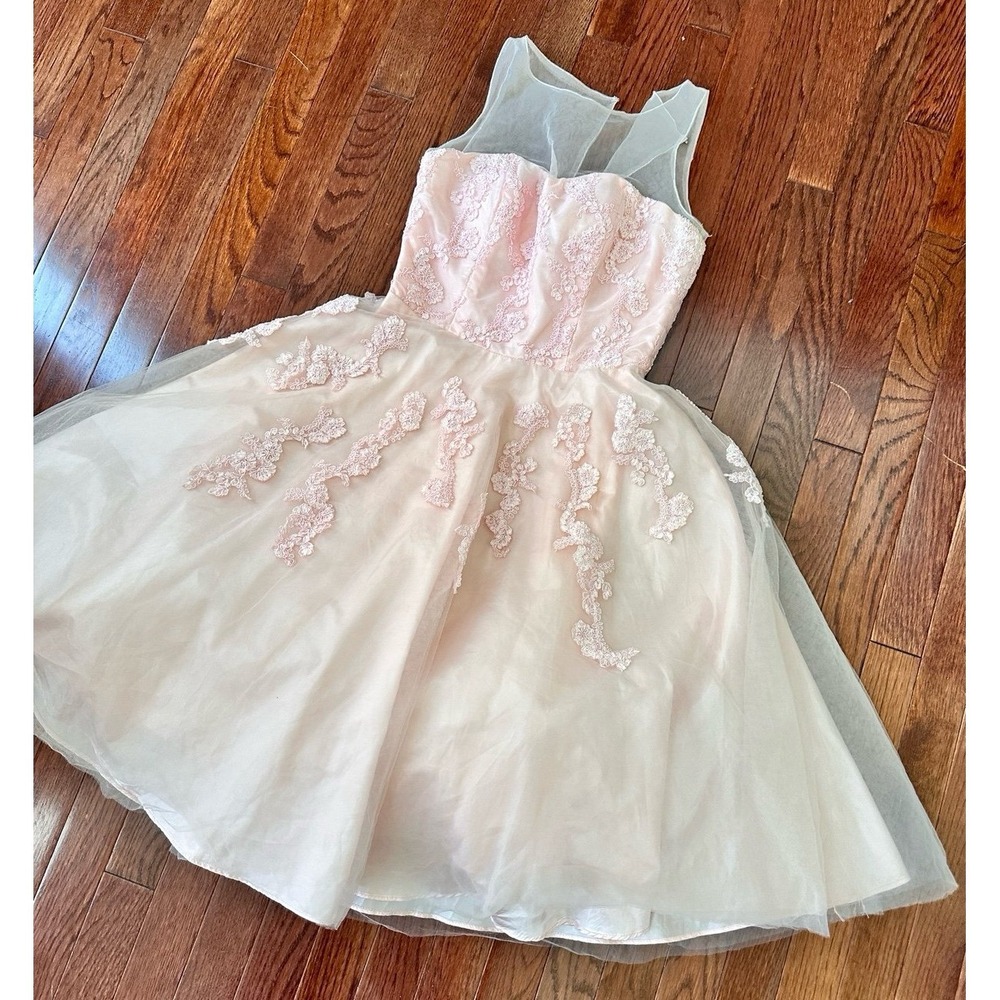 Vintage Steppin Out Baby Pink Embroidered Tulle Sheer Cocktail Dress Size Small - Picture 9 of 11